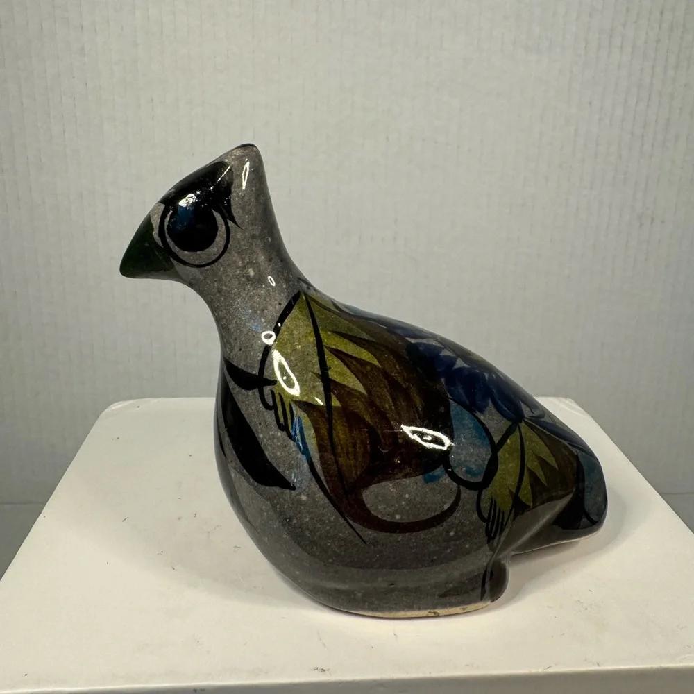 Vintage Tonala Mexican Bird Folk Art Ceramic Blue Floral